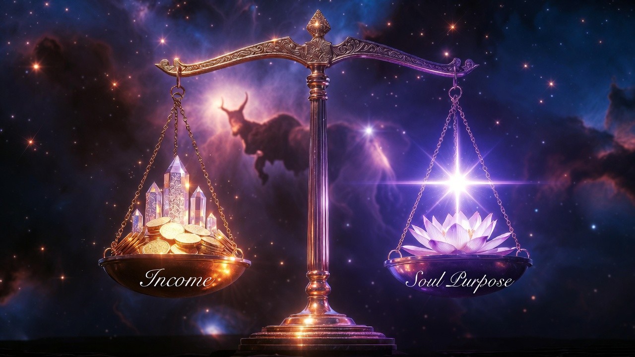 A minimalist scale with gold coins on one side and a shining star on the other, symbolizing the balance between money and spiritual purpose.