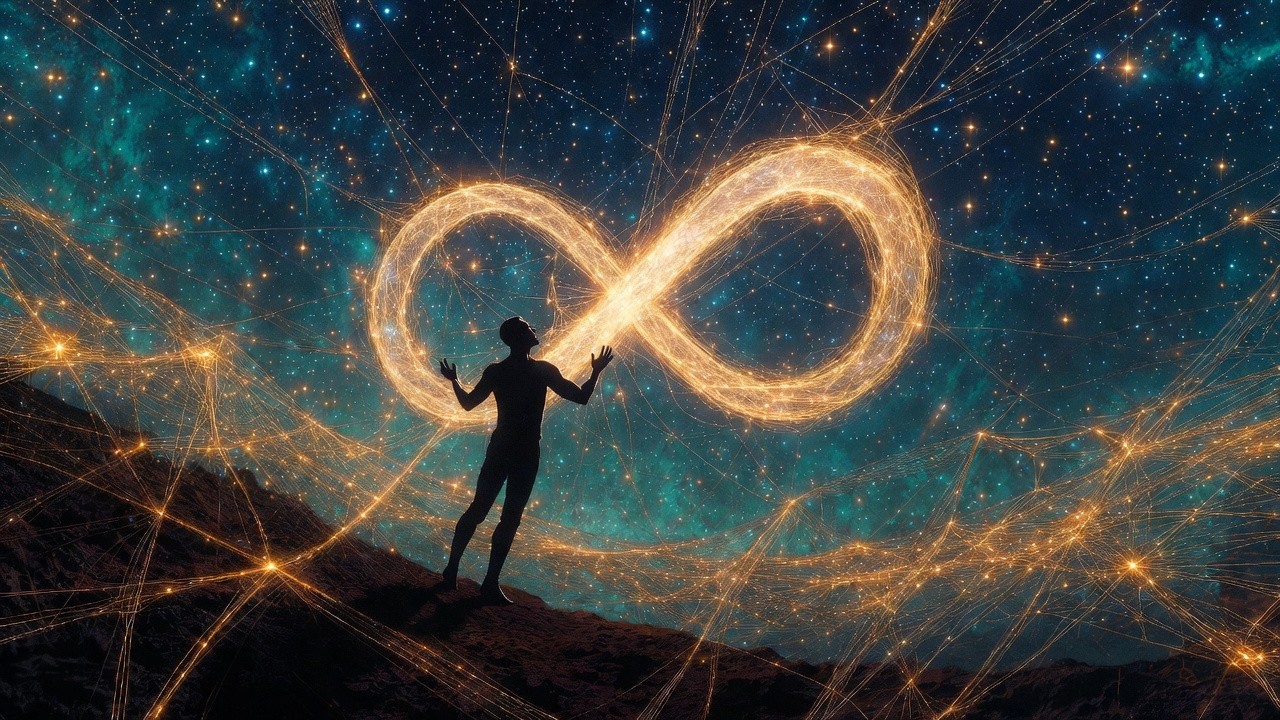 A silhouette standing on earth under a cosmic sky, with golden lines of light connecting stars to the person's body, representing intuitive connection and the tarot's "As above, so below" principle.