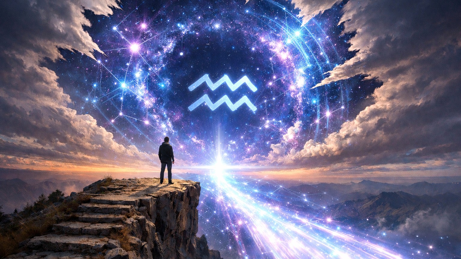 1A digital illustration of a person looking at a bright blue Aquarius astrological sign in the night sky