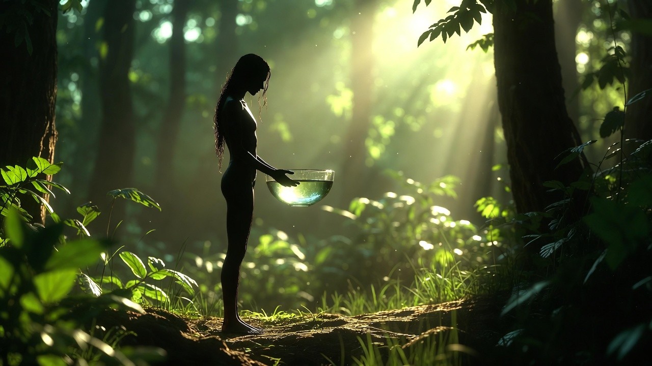A man standing barefoot in a magical forest holding a bowl full of water, symbolizing the sacred ritual of Taurus, connection to the earth, and spiritual purification.