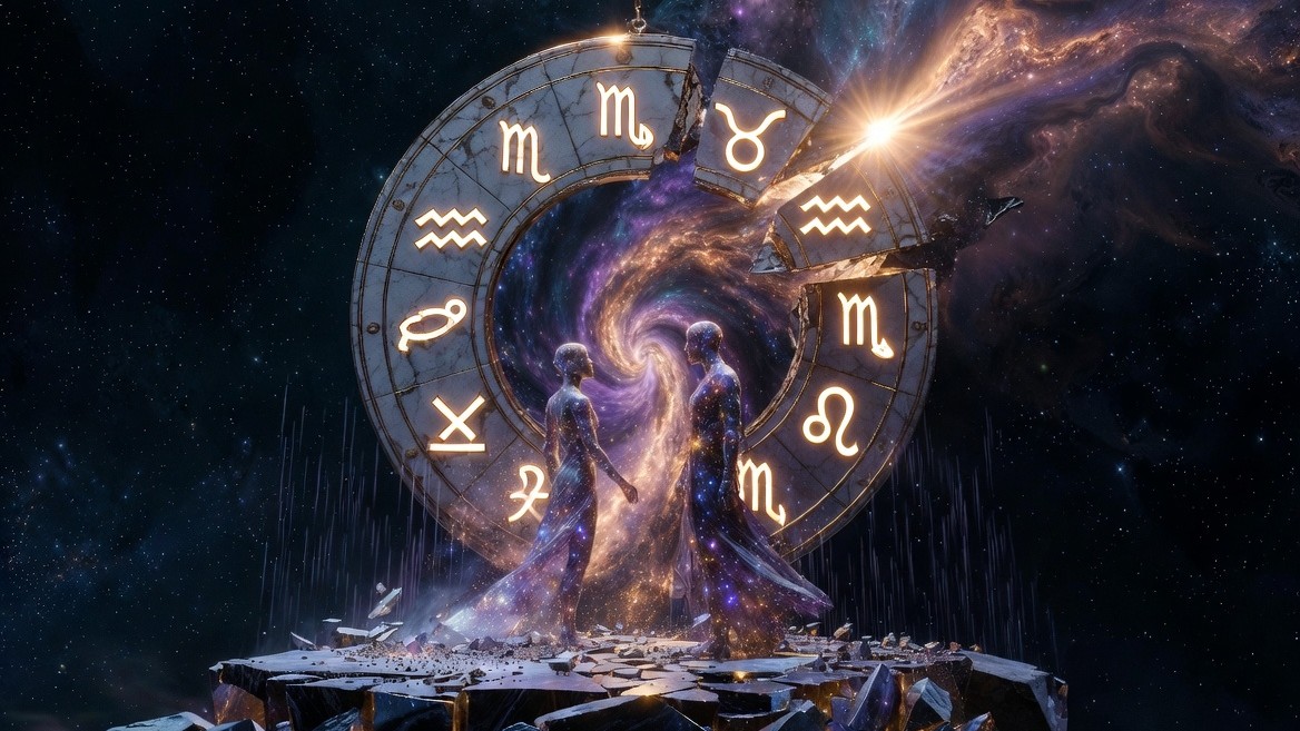 Two ethereal cosmic figures made of stardust stand face-to-face on a fractured obsidian platform as a powerful violet and gold energy vortex dramatically splits an ancient zodiac wheel in deep space