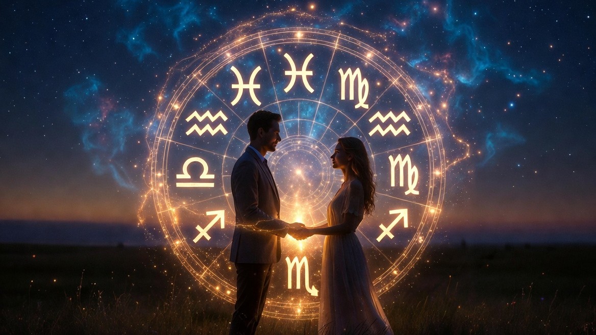A diverse stylish couple stands holding hands in a moonlit field at twilight, gazing deeply into each other’s eyes with recognition.