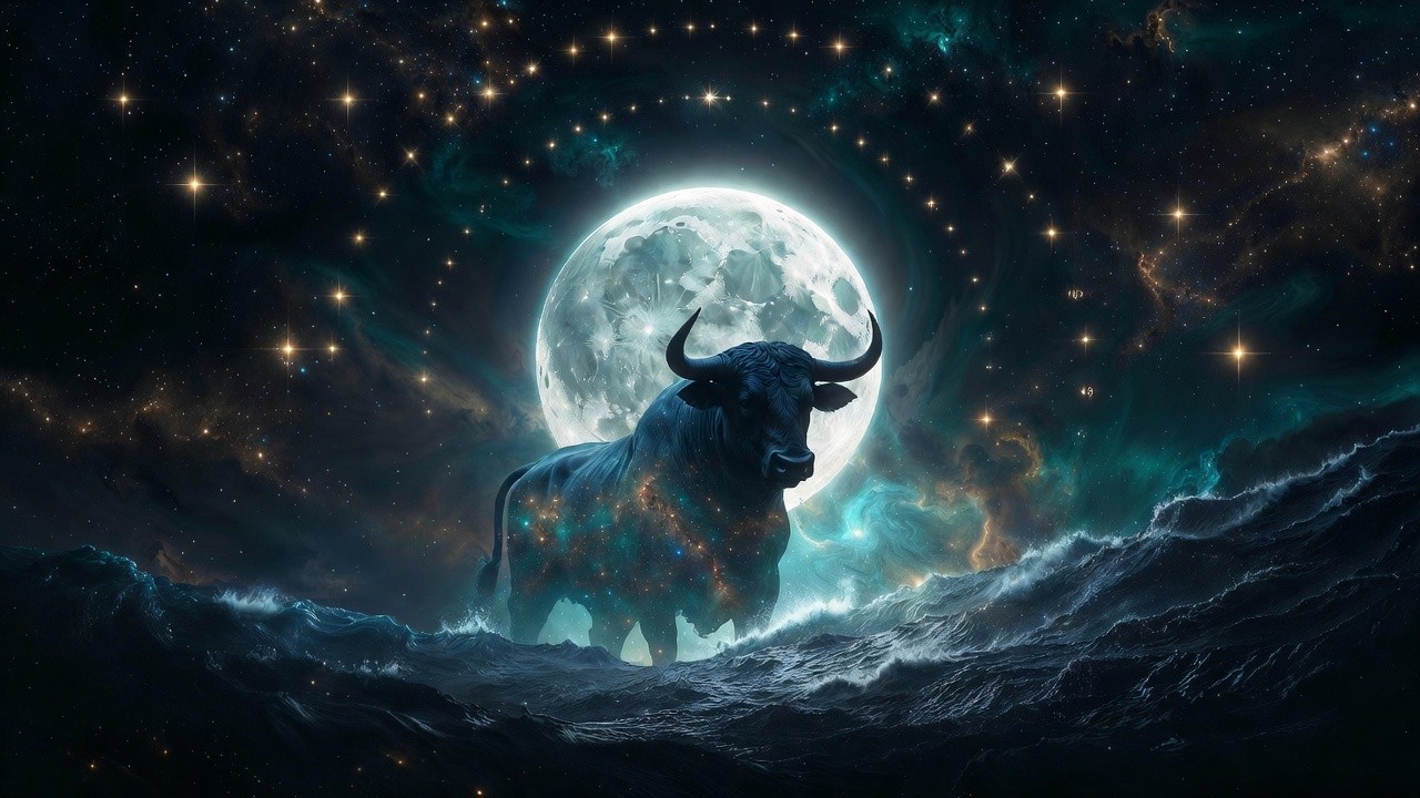 A large, glowing translucent moon is partially shadowed, with a powerful bull silhouette rising from swirling cosmic ocean waves below. The bull’s form blends with teal and indigo nebulas.