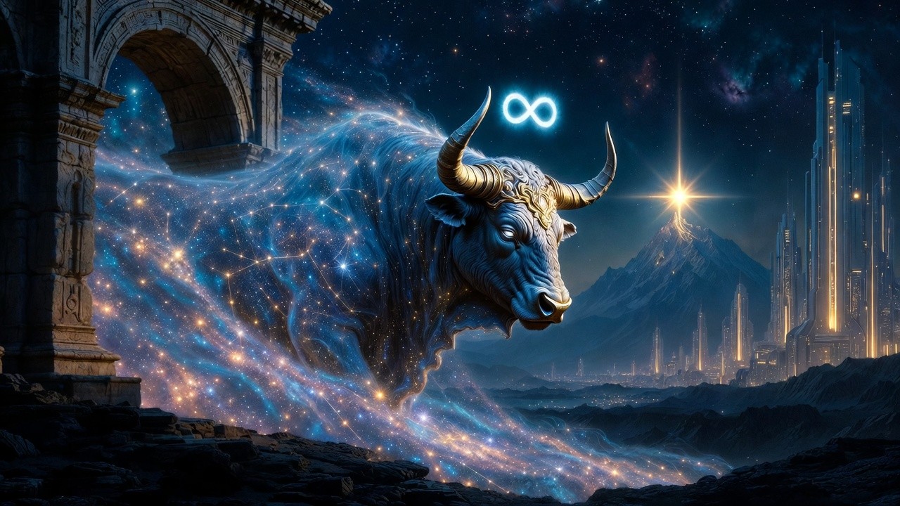 A celestial Taurus figure standing at a cosmic threshold, looking toward a futuristic career path under a glowing infinity symbol and the Aquarius North Node star.